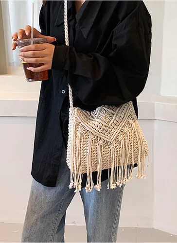 Vista 3 de Crossbody Bag Purse Women Cute Hobo Bag Satchel Bag Summer Beach Bag Knit Bag Shoulder Bag Tassels Crochet Tote Handbags