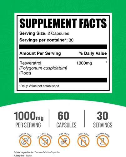 Vista 2 de BulkSupplements Resveratrol Cápsulas - Suplemento de resveratrol, Polygonum Cuspidatum, Resveratrol 1000mg - Suplemento antioxidantes