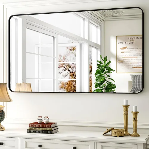 Vista 8 de Espejo de baño negro de 30"x22" - Espejo moderno para pared con esquinas redondeadas, espejos de baño para tocador, espejo enmarcado de aleación