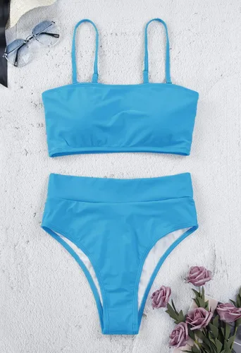 Vista 2 de Pink Queen - Traje de baño de dos piezas para mujer, de talle alto, atrevido, con tirantes y relleno removible para el busto