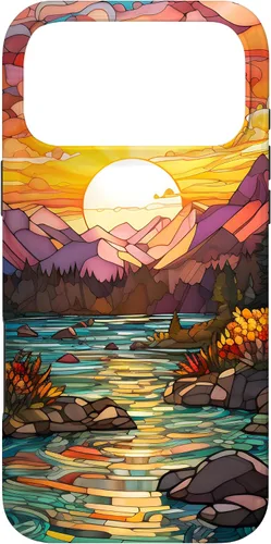 Vista 22 de iPhone 16 Sunset Stained Glass Mosaic Landscape Scene Case