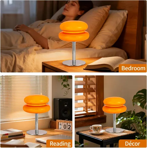Vista 7 de Lámpara vintage de hongos, lámpara de cristal naranja con base de metal, lámpara de mesita de noche regulable para dormitorio, sala de estar