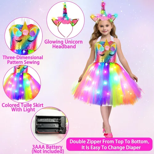 Vista 3 de Camlinbo Halloween Lighted Tutu Dress for Girls Unicorn Princess Dress with Headband Halloween Party Costume Girls 3-10 Years