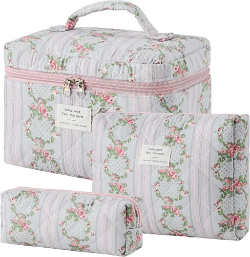 Vista 16 de HBselect Bolsa de Maquillaje Acolchada, 3 Piezas de Gran Bolsa de Maquillaje de Viaje de Algodón, Linda Bolsa de Maquillaje Floral Coquette, Bolsa