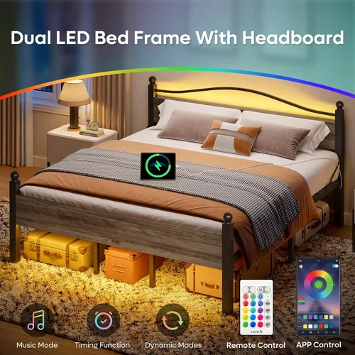 Vista 5 de Pinmoco Base de cama tamaño Queen con cabecero y estribo, cama de plataforma de metal resistente con espacio de almacenamiento debajo de la cama