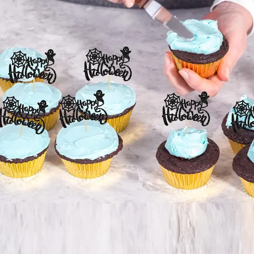Vista 5 de Ephlyn 24 adornos negros para tartas de Halloween con purpurina fantasma Negro Halloween