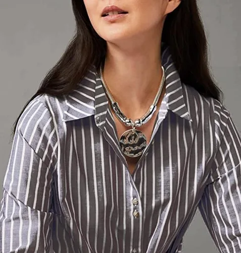 Vista 3 de Juego de collar de metal martillado plateado con cierre de langosta, collar de moneda de disco, collar circular grueso para mujer, joyería única