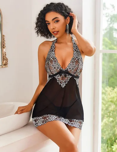 Vista 5 de Lencería Avidlove con cuello en V, de encaje, babydoll de malla, ropa de noche para mujer