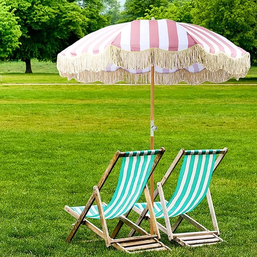 Vista 7 de CHEVVY Sombrilla de rayas blancas y rosadas de 6.6 ft, sombrilla de poliéster para exteriores con flecos, poste de madera de playa, orientable 78.7