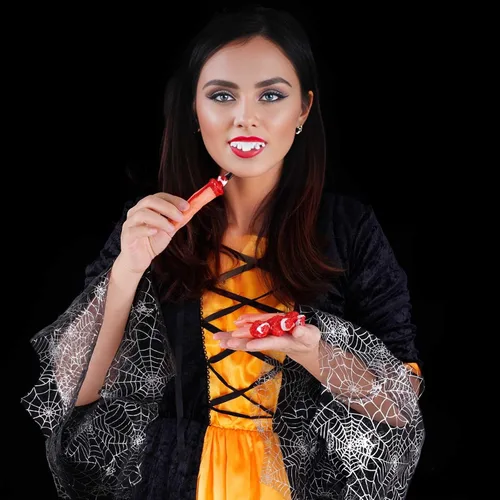 Vista 5 de Marrywindix 24 piezas de dientes retorcidos, dientes falsos feos de vampiro, dentadura de vampiro para Halloween, disfraces, fiestas, fotos