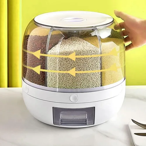 Vista 2 de Dispensador de cereales giratorio para encimera, recipientes de grano con 6 compartimentos, ideal para almacenamiento de lentejas, arroz, frijoles