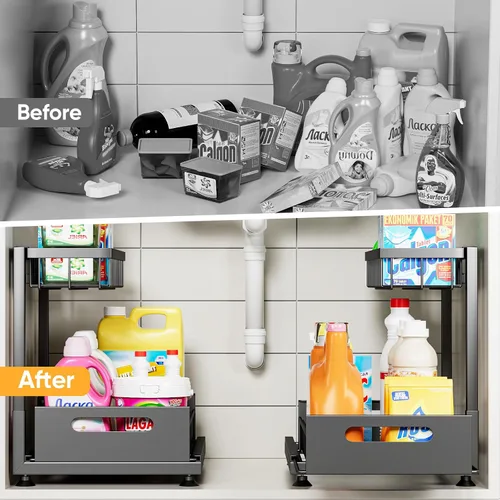 Vista 3 de Saydear Organizador de almacenamiento para debajo del fregadero, organizador de armario de cocina extraíble de 2 niveles con cajón deslizante, Negro