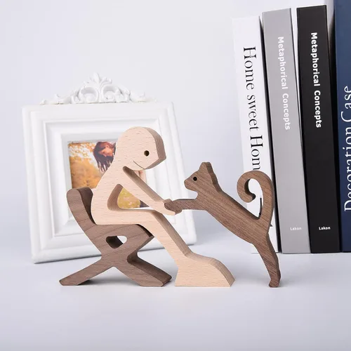 Vista 5 de ISHINE Escultura de madera para hombres y gatos, figuras de animales hechas a mano, decoración de madera, figura coleccionable para oficina en casa