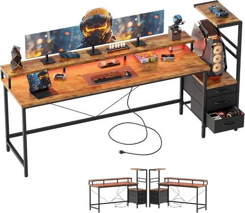 Vista 18 de Mericonia Escritorio para juegos con tomas de corriente y luces LED, escritorio reversible para computadora con soporte para caja de PC, cajones