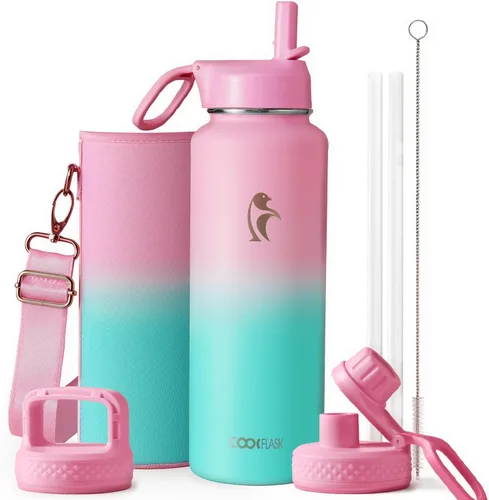 Vista 13 de Coolflask Botella de agua de 20 onzas aislada con pajilla, 3 tapas de metal de acero inoxidable, botella de agua de boca ancha para deportes u