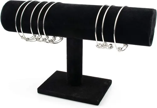 Vista 4 de Foraineam - Paquete de 4 soportes de terciopelo negro para joyería con barra en T, organizador de relojes, collares y pulseras