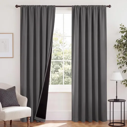 Vista 19 de NICETOWN Biscotti Beige 100% Cortinas opacas de 45" de largo para cocina, bolsillo con varilla para sótano completamente opaco, cortinas térmicas