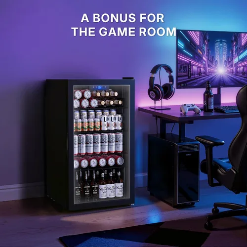 Vista 8 de Manastin Refrigerador de bebidas para 130 latas, mini refrigerador de 3.2 pies cúbicos con puerta de vidrio para bebidas, cerveza, vino, luz LED