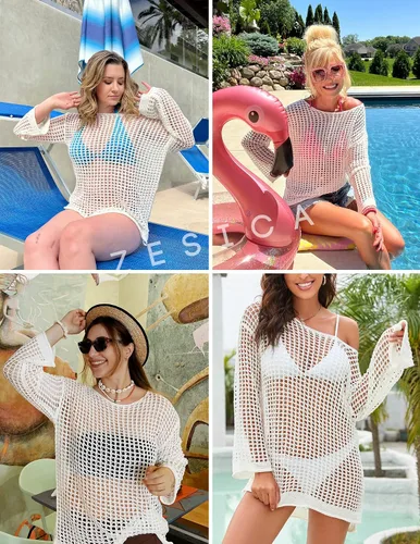Vista 5 de ZESICA Traje de baño de playa de manga larga para mujer, de ganchillo, para verano, 2026