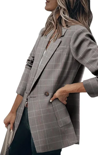 Vista 4 de CHICZONE Blazer casual de manga larga para mujer, con solapa frontal abierta, botón de trabajo, oficina, chaqueta a rayas