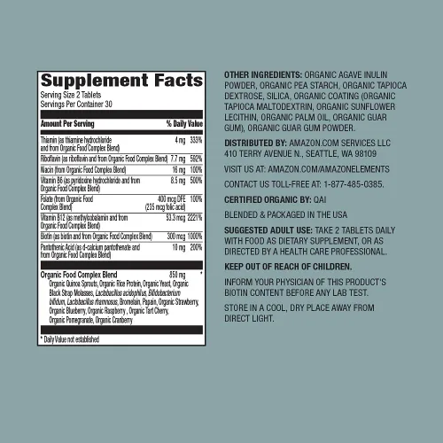 Vista 3 de Amazon Elements Complejo B orgánico de alimentos integrales, 98% de fuente de alimentos integrales, ingredientes dietéticos y otros derivados