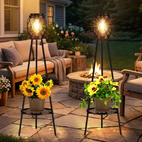 Vista 5 de MXwcy Lámpara de pie solar con soportes para plantas, luces solares para exteriores con bombillas LED Edison vintage, luces de jardín resistentes a