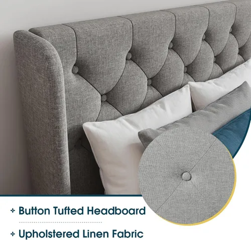 Vista 3 de WEEWAY Base de cama tapizada tamaño Queen con cabecera copetuda con respaldo de alas, plataforma moderna con soporte de listones de madera, fácil