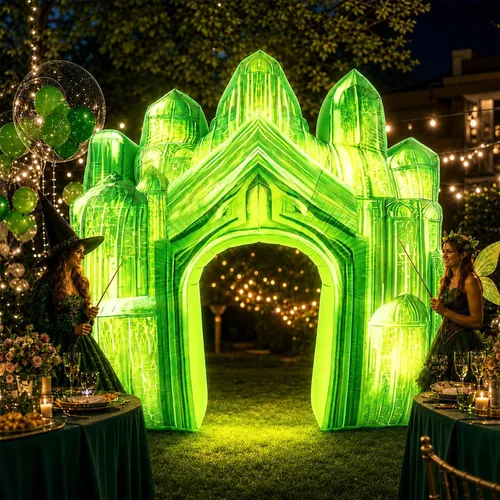 Vista 6 de VIHOSE Arco de castillo inflable verde de 10 pies con luces LED