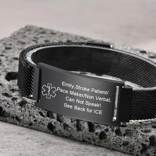 Vista 7 de VNOX Pulsera de identificación de alerta médica para hombres y mujeres, pulseras de alerta médica con grabado personalizado para mujeres y hombres