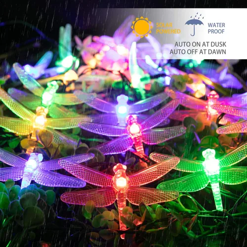 Vista 5 de Guirnalda de luces solares de libélula para exteriores, 20.8 pies, 30 luces LED impermeables con energía solar, 8 modos de luces decorativas
