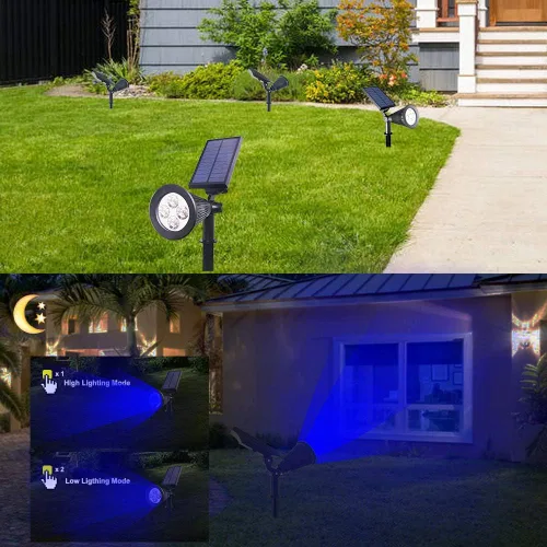 Vista 7 de Focos solares impermeables para exteriores, 4 luces LED para exteriores para patio, jardín, camino, focos de paisaje rojo y azul, luces LED solares