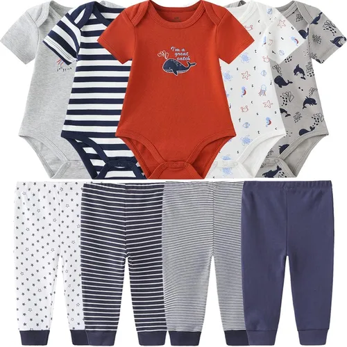 Vista 34 de Conjunto de canastilla para bebé, 9 piezas, conjunto de mamelucos y pantalones, conjunto de regalo unisex para bebé