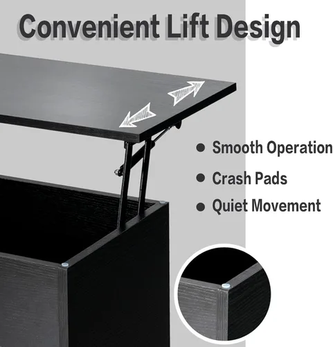 Vista 6 de Tangkula Mesa de centro elevable, mesa de comedor de madera con almacenamiento oculto y 2 estantes abiertos, dispositivo de elevación hidráulica