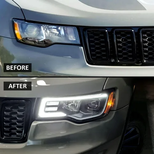 Vista 14 de AmeriLite - Conjunto de faros delanteros de repuesto para Jeep Grand Cherokee Switchback 2017-2022, faros de proyector cuadrados LED, negro, lado