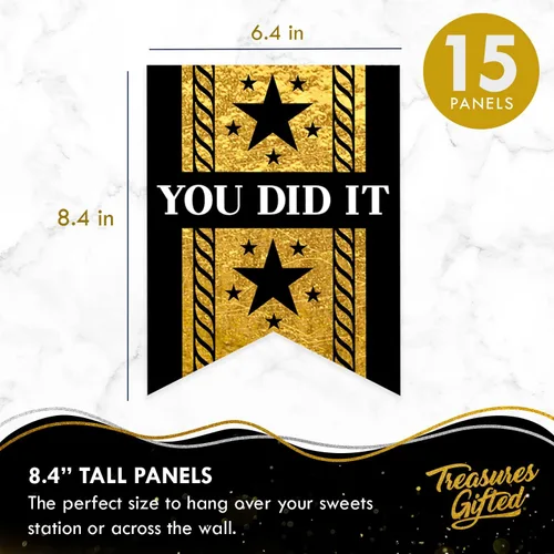 Vista 2 de Treasures Gifted Decoraciones de graduación doradas – Juego de 3 pancartas preencordadas – 1 pancarta de felicitación y 2 banderines – Suministros