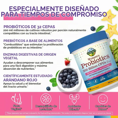 Vista 3 de Terranics Probióticos diarios para mujeres, 200 mil millones de 32 cepas probióticos para mujer, con arándano, prebióticos y enzimas, reequilibran