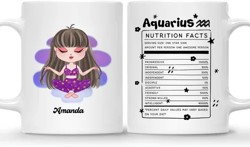 Vista 8 de Gossby Taza de café personalizada con signo de acuario, taza personalizada de horóscopo de 11 onzas para mujeres con diseño, nombre, información