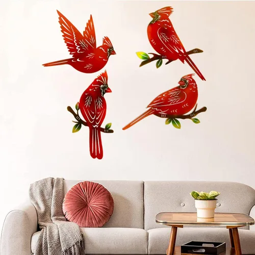 Vista 9 de Paquete de 4 piezas de arte de pared cardenal de metal, decoración de pájaros de metal 3D, adornos hechos a mano, pájaro rojo ágil, regalos