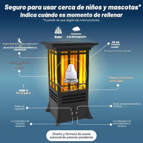 Vista 3 de PIC Repelente solar de mosquitos de mesa con efecto de llama, fórmula de aceite esencial, se activa automáticamente al anochecer, cobertura de 15