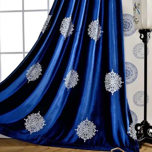 Vista 4 de VOGOL Cortinas opacas bordadas para sala de estar, paneles de cortina de terciopelo azul para dormitorio, 52 x 63 pulgadas, 2 paneles