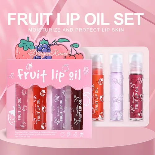 Vista 6 de Juego de 4 brillos de labios enrollables de fruta, brillo de labios transparente, gel de labios líquido, aceite de labios hidratante, no pegajoso