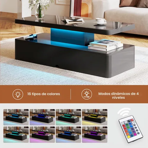 Vista 4 de Mesas modernas de sala de estar, mesa de centro LED con luces LED, mesa central rectangular de 2 niveles con gran almacenamiento, superficie de alto