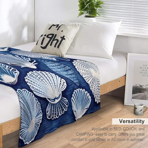 Vista 5 de Manta de conchas de mar azul para cama, manta náutica costera, manta de franela para sofá, cama, oficina para adultos, 30 x 40 pulgadas, manta suave