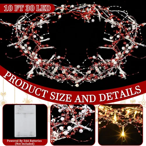 Vista 2 de Mudder Guirnalda de 30 luces LED de Navidad de 10 pies con cuentas de bayas de metal, guirnalda de luces de Navidad para interiores para chimenea