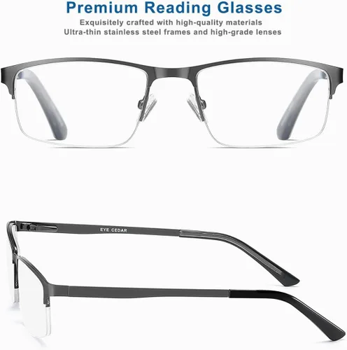 Vista 5 de EYECEDAR Paquete de 5 lentes de lectura para hombre, lentes de bloqueo de luz azul, gris plomizo, metal, medio marco, bisagras de resorte, lectores