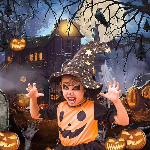 Vista 5 de Telón de fondo temático de Halloween para fotografía, castillo de fantasmas, luna, noche aterradora, calabaza, farol, cuervo, fondo de fotos