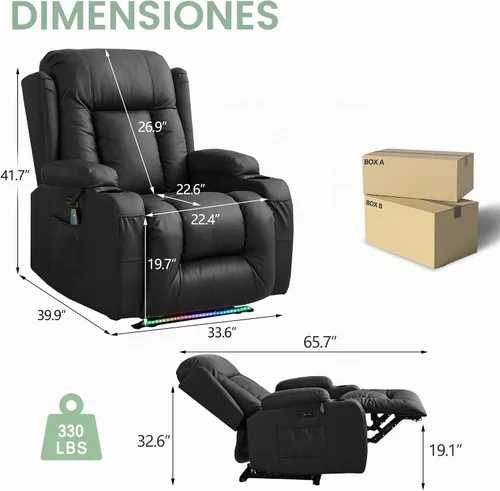 Vista 3 de TUNYI - Sofá reclinable con masaje y calor, asientos de cine en casa, sofá reclinable para RV, sofá individual con USB/soporte para vasos/bolsillo