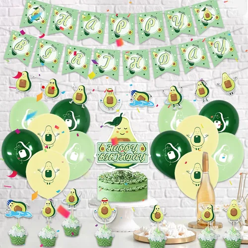 Vista 7 de Decoraciones de cumpleaños de aguacate, suministros para fiestas temáticas de frutas con pancarta de feliz cumpleaños, pancarta de guirnalda