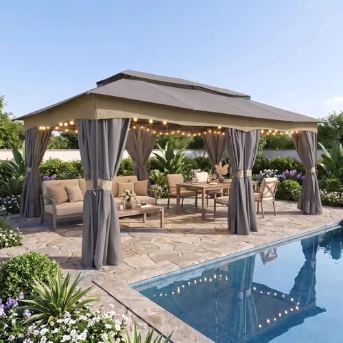 Vista 28 de COBIZI 10x15 Outdoor Patio Gazebo with Privacy Curtains, Khaki Caqui