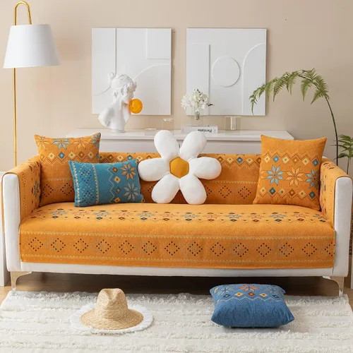 Vista 2 de Funda de sofá de chenilla para sofá modular, diseño geométrico bohemio y jacquard antideslizante, protector de muebles para niños, perros y Naranja